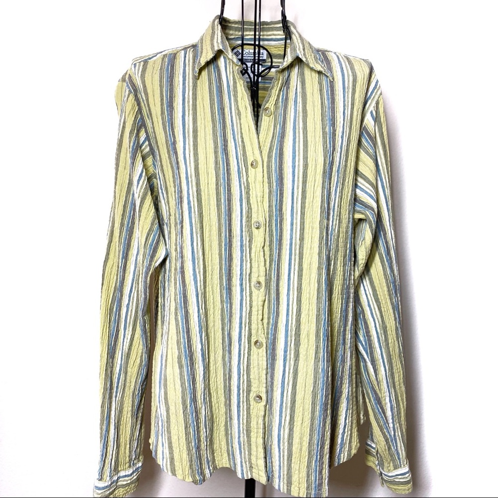 Columbia Sportswear Striped Long Sleeve Button Up Shirt Yellow Blue Womens Large - Picture 1 of 6